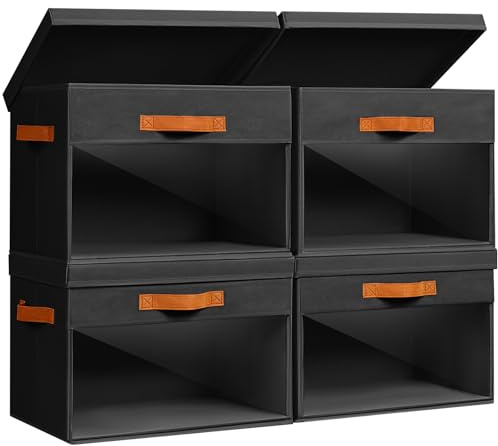 Homsorout Large Fabric Storage Boxes with Lids & Clear PVC Window Black 38L | 4 Pack Collapsible Baskets Bins with Handles, Organise Clothes, Toys, Books, Sheet， Blanket, Jumpers, Bedding, Trousers, Tool