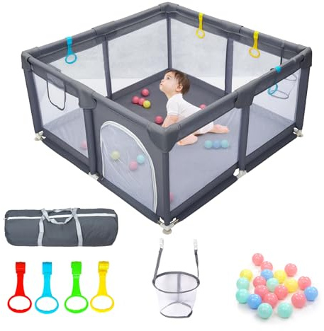 CHOLY Baby Playpen for Babies and Toddlers, Durable Play Pen | Visible Breathable Mesh, Foam Protection, Easy to Assemble Infant Fence -128 ×128cm(Dunkelgrau, 128*128cm)
