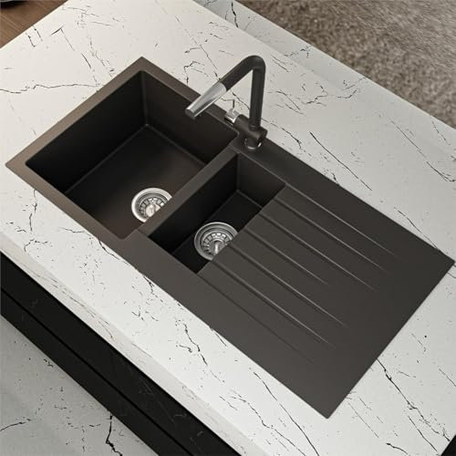 Liquida GRN150BL 1.5 Bowl Black Granite Reversible Kitchen Sink with Wastes