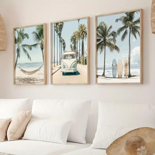 Herfair 3er Set Strand Ozean Palme Poster Set, Tropische Surfbrett Sommer Dekor Poster Vintage Summer Aesthetic Hawaii Poster Strand Bilder (50x70cm)