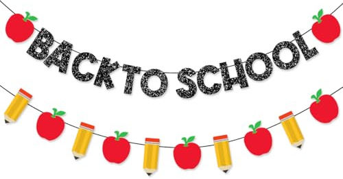 FHGG Vorbespannte Welcome Back to School-Dekorationen, Banner, schwarzer Glitzer, Schulanfang, Girlande, Bleistift, Apfel, für Klassenzimmer, Lehrer, Büro, Heimdekoration, Fotohintergrund