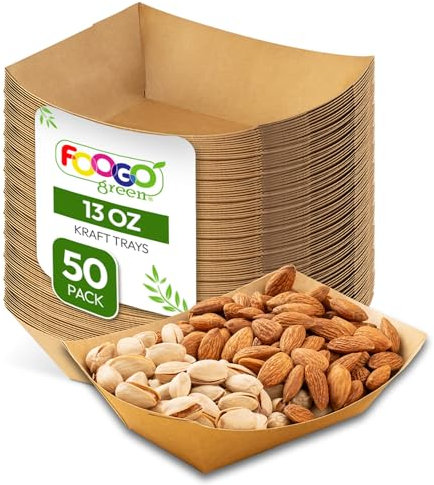 FOOGO Green 50pcs Party Paper Food Trays 380ml (13oz), FSC® Certified, 17x13.3x4cm, Preassembled Medium Takeaway Food Boxes, Eco-Friendly Water & Oil-Proof, Disposable Cardboard Serving Trays