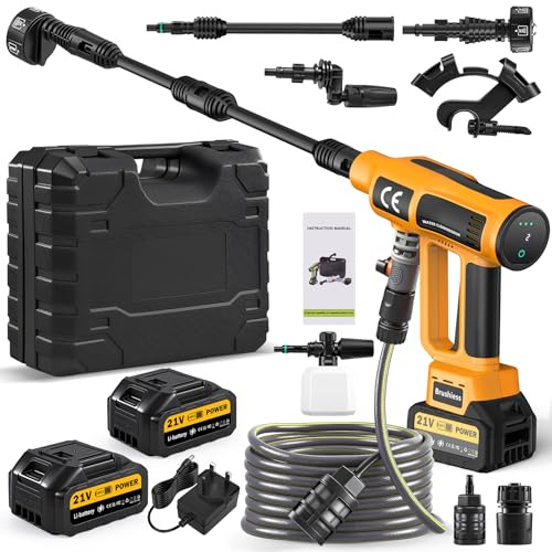 Bellanny Nettoyeur Haute Pression sans Fil 200 Bar Pressure Washer | 21V Pistolet Portable avec 2*4Ah Batteries,4 débit d'eau réglable,6 en 1 Buse Réglable,5m Tuyau,Connecteur,Mousse,pour Voitures Sol