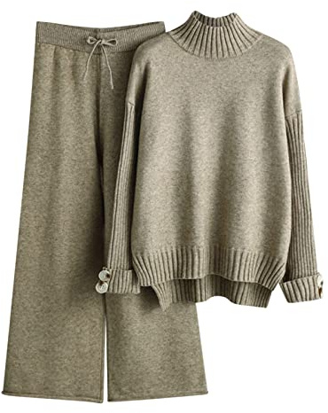 Strick-Set für Damen, 2-teilig, elegant, große Größen, sportlich, lässig, locker, Jumper, Rundhalsausschnitt, Strickhose, lockerer Pullover, modisch, Sport-Set für Winter und Herbst, Khaki, One size