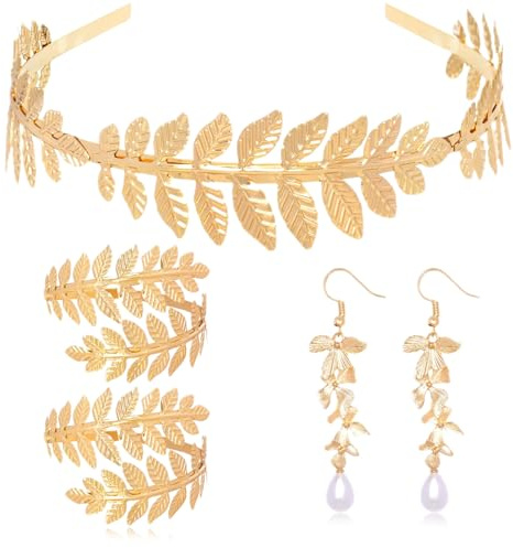 Griechische Göttin Kostüm Schmuck Set, Römische Göttin Haarreif, Lorbeerkranz Haarschmuck, Blatt Ohrringe Oberarmreif Armband, Kopfschmuck Accessoires für Damen Hochzeits Halloween Karneval Kostüm