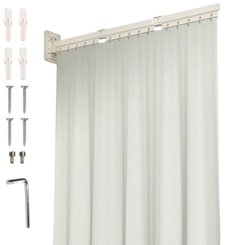 Faltbare Duschvorhangstange mit Duschvorhang(1.5x1.8M),mit Bohren Wandmontierte Badewanne Vorhangstange,Verstellbarer Wasserdicht Duschvorhänge,L/UForm Leiterform Geradeform (92cm Pole,Beige-3-Folds)
