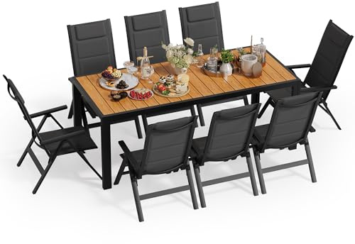 JUMMICO Gartenmöbel Set, 8 stühle Klappbar mit 1 Tisch, 5-Fach Verstellbarer Aluminium Sessel und Einer Tischplatte in Holzoptik, Wetterfestes Terrassenmöbel für Balkon und Garten