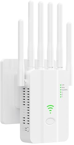 Repeteur WiFi Puissant, Amplificateur WiFi, Répéteur WiFi avec 6 Antennes, 2 Ports LAN, Modes (Répéteur, Routeur, AP), Couverture jusqu'à 3000 pi², pour la Maison et Le Bureau