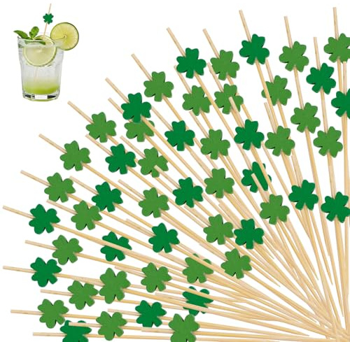 URROMA Lot de 200 pics à cocktail en forme de feuille de trèfle, brochettes en bambou vert de 11,4 cm pour boissons, nourriture, fruits, apéritifs, sandwich, cure-dents, décorations de la