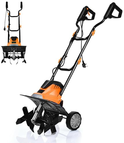 GiantexUK 1200W/1500W Electric Tiller, Lawn Soil Scarifier with 4/6 Blades, Adjustable Wheels & Foldable Handle, Lightweight Garden Cultivator Rotovator Rototiller (35cm Cutting Width, Orange+Black)