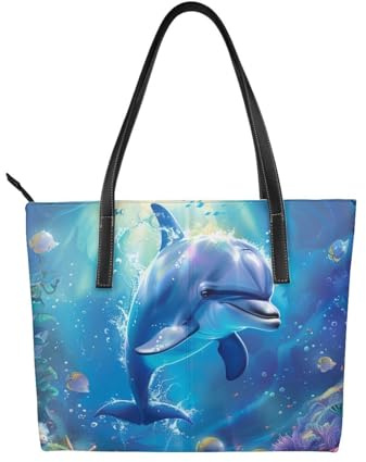 kkvhhyuo Donut-Aufdruck, Leder-Tragetasche, wiederverwendbar, große Handtaschen, Schultertasche mit Reißverschluss und Taschen, Einkaufstasche für Arbeit, Schule, Reisen, Niedlicher Delphin