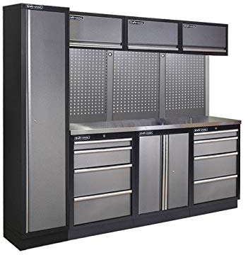 Kraftmeister Werkstatteinrichtung - Männerküche mit 8 Schubladen und 5 Schränken - Werkzeugschrank, Garage - modulares Werkbank mit Edelstahl Arbeitsplatte und Werkzeugwand - Grau
