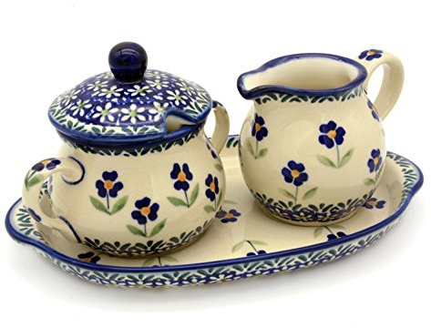 Bunzlauer keramik Milch- und Zucker-Set mit Untersetzer (Dekor Angelika)