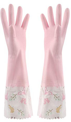 1 Pair Pink Flower Rubber Gloves Non-Slip Waterproof Warmer Winter Household Dishwashing Long Cuff Latex Glove with Fleece Lining for Women Household Cleaning Kitchen