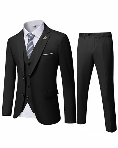 MY'S Herren 3-teiliges Slim-Fit-Anzug-Set, 2-Knopf-Blazer-Jacke, Weste, Hose mit Krawatte, solides Hochzeitskleid, Smoking und Hose, Schwarz, Large