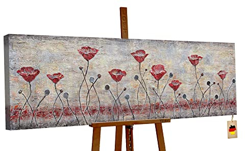 YS-Art Abstrakt Acryl Gemälde auf Leinwand Mohn handgemalt Wandbilder Wohnzimmer modern Wohndekor Design Bild braun rot grau waagerecht echte Kunst 150x50 cm