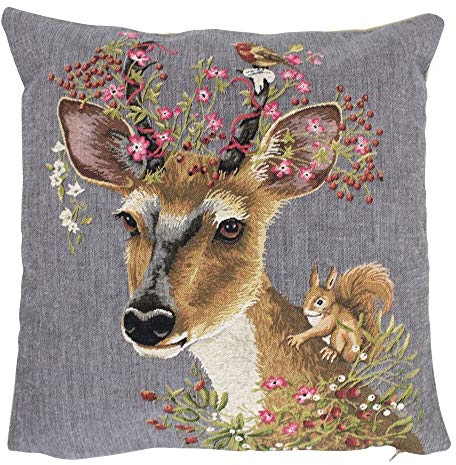 Mars & More Gobelin Kissen REH Blumen grau Dekokissen Couchkissen 45x45cm Zierkissen