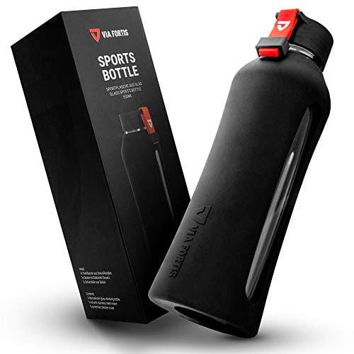 VIA FORTIS® Glasflasche mit hochwertiger Silikonhülle - Trinkflasche für Sport, Fitness, Gym, Fahrrad & Büro - Bruchsicher & BPA-frei - 550ml (01 - Onyx Black - Schwarz)