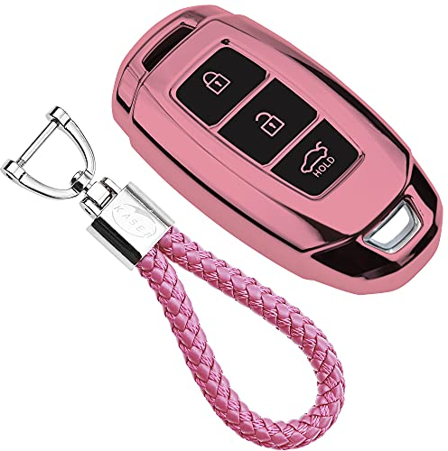 KASER Autoschlüssel Hülle kompatibel für Hyundai Keyless Cover TPU Silikon Hochglanz Schutzhülle Schlüsselhülle Fernbedienung Kona i10 i30 ioniq Tucson Santa Fe Schlüsselbund (Pink)