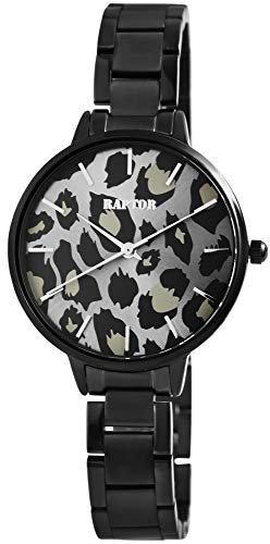 Raptor Damen-Uhr Edelstahl Armband Leo Print Animal Analog Quarz RA10186 (schwarz)
