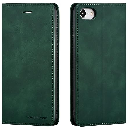 QLTYPRI Hülle für iPhone SE 2022 5G/iPhone SE 2020/iPhone 8/iPhone 7, Premium Dünne Ledertasche Handyhülle mit Kartenfach Ständer Flip Schutzhülle Kompatibel mit iPhone 7/8/SE 2/SE 3 - Grün