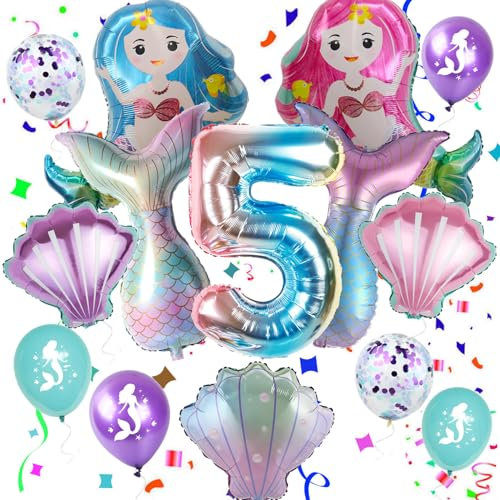 Haosell Meerjungfrau Großes Luftballon 5 Jahr Kindergeburtstag Deko Mädchen Bunt Meerjungfrau Ballon - 1x XXL Meerjungfrau Ballon+Zahl 5 Zahlen-Ballon +1 Schale Ballon + 4 x Konfetti-Ballon