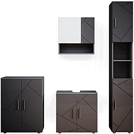Vicco Badmöbel-Set Irma, Anthrazit Hochglanz, 4 Teile, mit Hochschrank und Kommode