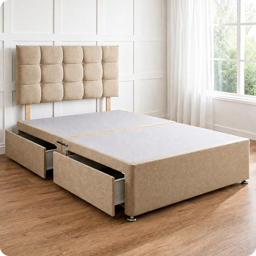 Comfy Deluxe LTD Divan Bed Base - 5FT King Size, Beige | Linen Bed Frame with 20 Inch Cubic Headboard | No Mattress Included | 4 Side Storage Drawers & Chrome Glider Feet | UK Made