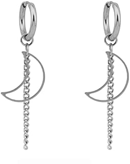 Crescent Moon Tassel Chain Dangle Drop Huggie Hoop Earrings for Women Girls Men 316 Surgical Stainless Steel Cool Dangling Minimalist Small Hoop Cartilage Fashion Unique BTS Fans Jewelry Gift Birthday