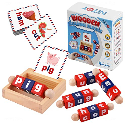 NiToy Wooden Reading Blocks with 35 Sight Words Flash Cards Kindergarten Learning Activities Montessori Toys Toddler Toys for Girls Boys Age 2-4