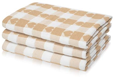 La Maison Pack of 3 Hearts Check Woven Tea Towel Large Super Absorbent 100% Cotton Kitchen Towels (Beige)