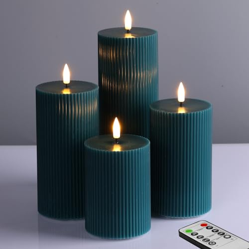 Eywamage Grün Groß LED Stumpenkerzen mit Fernbedienung, Flammenlose Wachs Batterie Kerzen 4 Stück Φ 3 H 4 5 6 8