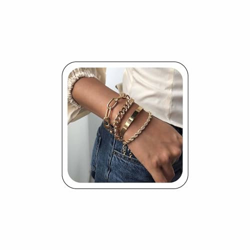Wendalern Punk Layered Paperclip Link Bracelet Twist Chain Bracelet Set Multilayer Gold Cuban Link Chain Bracelets Chunky Thick Cuff Bangle Bracelets Jewelry for Women Teen Girls