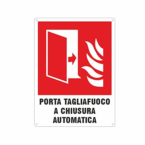 NEW CARTELLO SEGNALETICO - Porta tagliafuoco a chiusura automatica - Adesivo Extra Resistente, Pannello in Forex, Pannello In Alluminio (ADESIVO 20X31 CM)