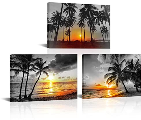 RnnJoile 3teilige schwarze und weiße StrandWandkunst Gold tropische Meereslandschaft Sonnenuntergang Bilder Druck auf Leinwand gerahmt Hawaii Palme Gemälde für Wohnzimmer Schlafzimmer Büro Dekor