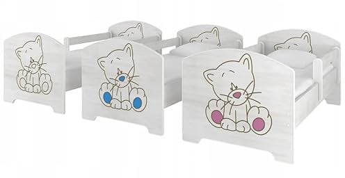 Kinderbett Massivholz Jugendbett Juniorbett Bett inkl. Matratze 140x80 (Katze- blau)