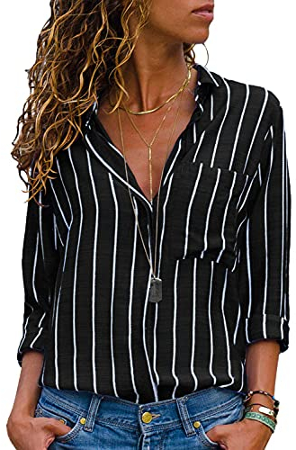 Livonmone Bluse Damen Langarm Casual Streifen Oberteile Hemd Lose V-Ausschnitt Langarmshirt Chiffon Blusen Tops Elegant (Schwarz, XXL)