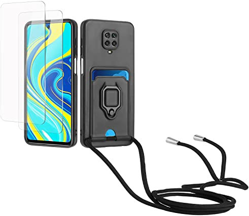 Kaslly Case für Redmi Note 9 Pro/Note 9 Pro Max/Note 9S Handykette Hülle+[2 Schutzfolie Glas],Slide kameraschutz,Silikon Handyhülle zum Umhängen Kette,Kartenfach-Schwarz