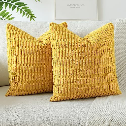 JOTOM 2er Set Kordsamt Weicher Kissenbezüge Moderne Kissenhüllen Dekorative Sofakissen Dekokissen Zierkissenbezug für Wohnzimmer Sofa Schlafzimmer Gelb 50x50 cm