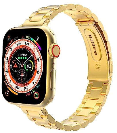 MoKo Correa Delgada de Metal Compatible con Apple Watch 41mm 40mm 38mm, Pulsera Fina de Acero Inoxidable de Repuesto para iWatch Series SE 2 SE 9 8 7 6 5 4 3 2 1 para Mujeres Hombres, Oro