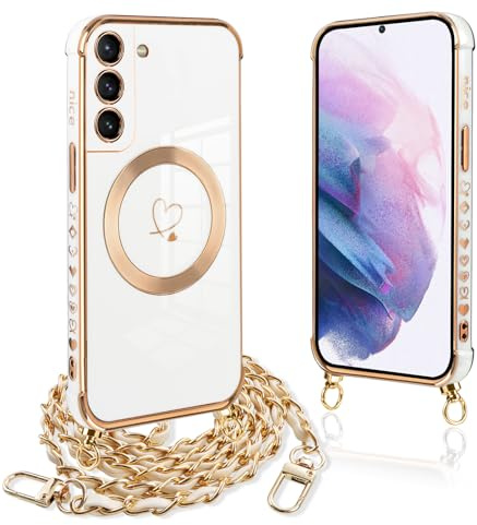 Pnakqil Coque Magnétique pour Samsung Galaxy S21 Plus 5G Con Cordon, Compatible avec MagSafe, Silicone Housse avec Motif Coeur d'amour Collier Lanyard, pour Samsung S21+ 6.7, Chaine-Blanc Or