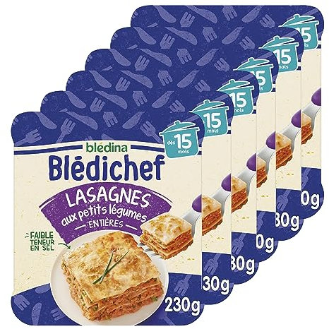 Blédina - Blédichef - Repas bébé 15 mois - 6 plats lasagnes aux petits légumes - Faible teneur en sel - Dès 15 Mois - 6 Assiettes de 230g