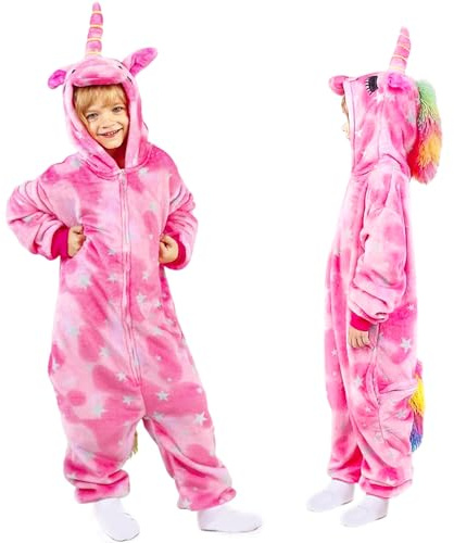 Vcumter Onesie Einhorn Kinder Schlafanzug - Mädchen Cosplay Costume Hoodie Kostüme Einhorn Tier Outfit Kapuze Jumpsuit Kostüm Onesie Nachtwäsche Unisex Fasching Karneval Halloween Kostüm