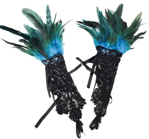 TASHELLS Fasching Pfauenfedern Armband,Karneval Kostüme Spitze Handschuhe,Mardi Gras Böhmische Accessoires,Pfau Kostüm Damen