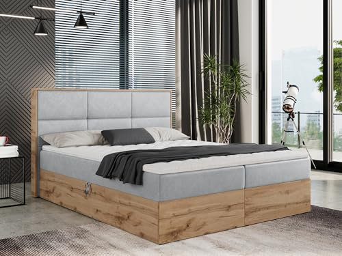 MKS MEBLE Boxspringbett 200x200 mit Bettkasten Eiche, Polsterbett 200x200 mit Matratze H3, Bett 200x200 mit Kopfteil, Bett mit Holzrahmen in Wotan Eiche - 200x200 - Hellgrau Velvet - Albero-2