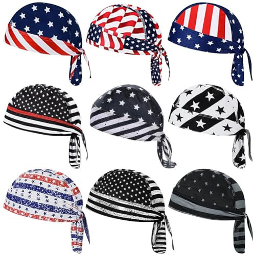 ZUYYON Lot de 9 Bandanas Anti-Transpiration pour Homme et Femme, Style Drapeau américain, Taille Unique