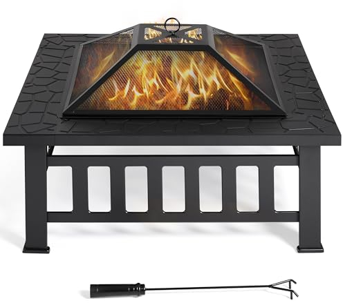 Yaheetech Braciere da Giardino Esterno Campeggio per Riscaldamento Tavolo Quadrato in Ferro con Copertura Nero 86 x 86 x 54 cm