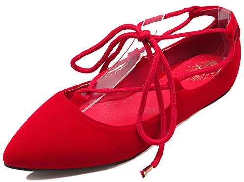 Gicoiz Women Pointed Toe Lace Up Casual Ballet Flats Comfort Ballerina Slippers Suede Dolly Shoes Work Loafers Red Size 5-39