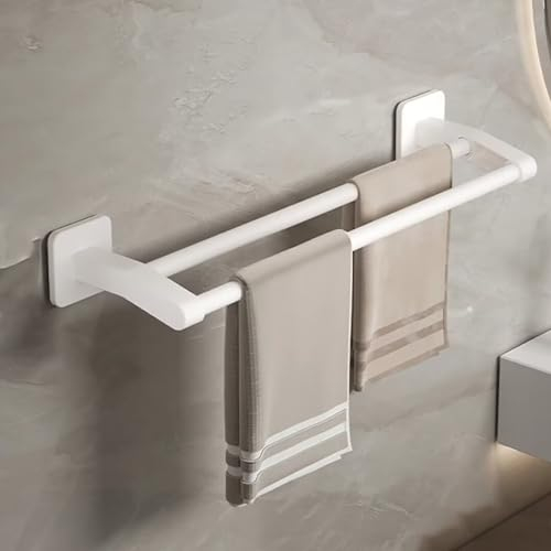 Porte-serviettes - Sans perçage - Porte-serviettes de bain autocollant - Porte-serviettes mural - Double pour salle de bain et cuisine - 50 cm - Blanc