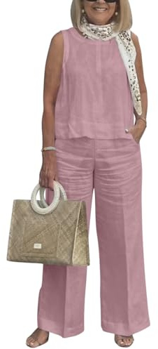 shownicer Tuta Donna Completa Tuta Leggera Due Pezzi Senza Maniche Top + Pantaloni Lino Set Larghi Completo Tuta Streetwear A Rosa L
